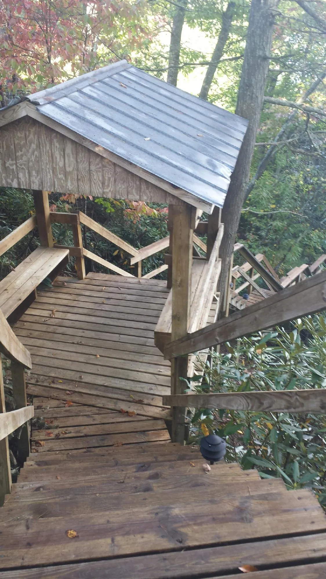 Metal roofed shelter over wooden steps on a wooded walkway — Skylight Repair & Installation work by our crew in Dukedom